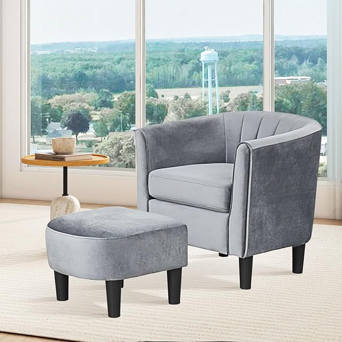 GOFLAME Accent Chair with Ottoman Modern Velvet Fabric Barrel Chair with Footrest Curved Backrest Removable Seat Cushion Upholstered Club Tub Sofa Reading Armchair for Living Room Bedroom Gray