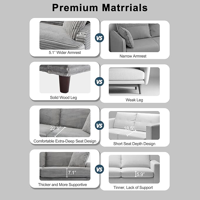 80 Inch 2 Sets Sofa Couch Comfy Love Seat Couches for Living Room Mid Century Modern Oversized Two Seater Couch Plush Corduroy Deep Seat Sofas for Bedroom Small Space Apartment Light Grey