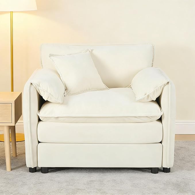 Cilee Sofa Accent Chair 41.73 Deep Seat Reading Couch Cloud Single Sofa with Pillow &amp Storage Pocket Comfy Arm Chairs for Living Room Bedroom Office Apartment Chenille Beige