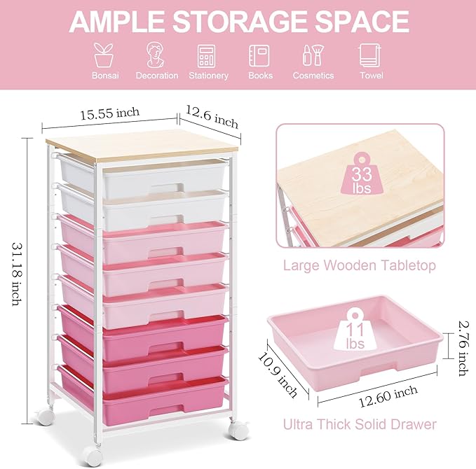 Rolling Cart with DrawersStorage Cart with 8 Drawers and Wooden TabletopUtility Cart for Living RoomClassroom BedroomBathroomDormOfficeRose Pink