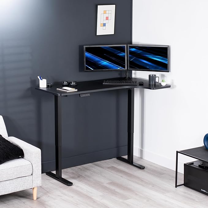 VIVO Electric Corner 58 x 35 in Dual Motor L Shape Motorized Stand Up Desk Memory Height Adjustment Reversible Black Top Black Frame DESK-KIT-E2RB