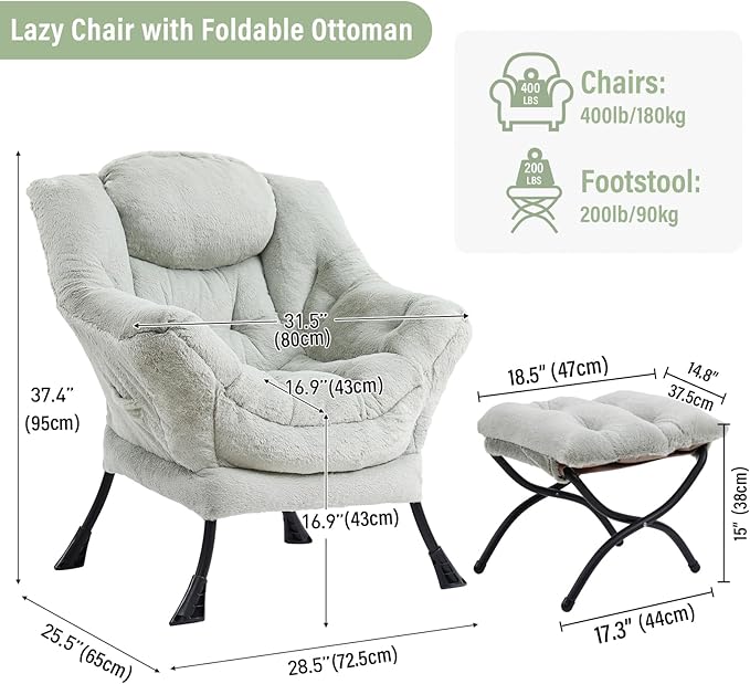 Lazy Chair with Ottoman Modern Accent Chair with Armrests and a Side Pocket Plush Green Accent Chairs Reading Chairs Oversized Armchairs for Bedroom Study Living Room Courtyard