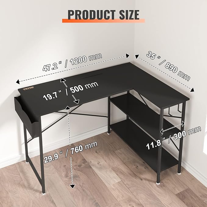 VEVOR L Shaped Computer Desk 47' Corner Desk with Storage Shelves Bag Phone Slot and Headphone Hook L Shaped Office Desk Gaming Desk for Home Office Workstation Black