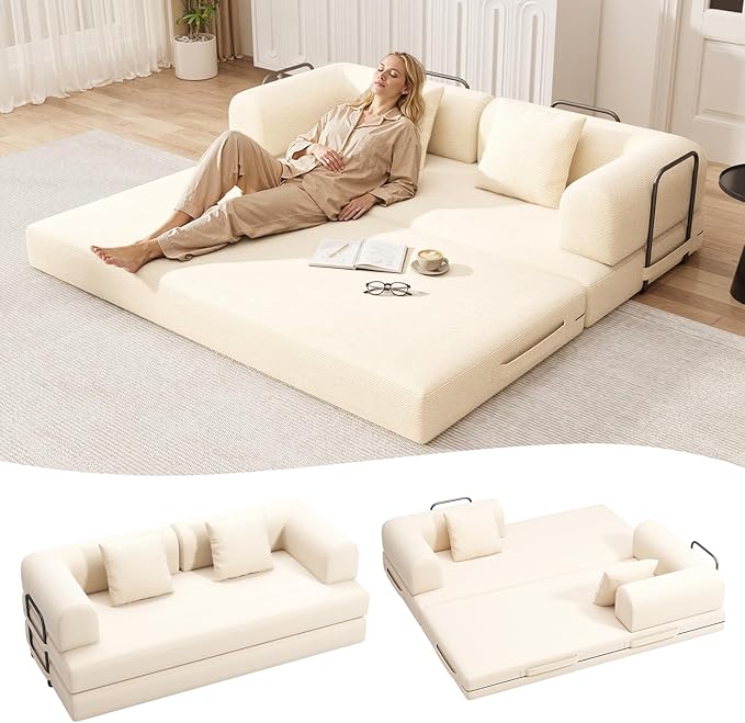 Ahomly 78.8'' Convertible Sofa Bed5-in-1 Boneless Couch with Removable ArmrestsFolding Futon Sofa Bed Includes 2 PillowsComfy Pull Out Couch for Living RoomNo Assembly RequiredCream
