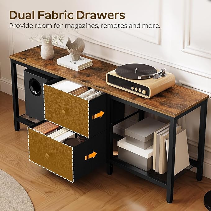 TV Stand for TVs up to 55 Entertainment Center with 2 Fabric Drawer Media Console with Shelves Television Stands for Living Room Bedroom Rustic Brown and Black DS02BR