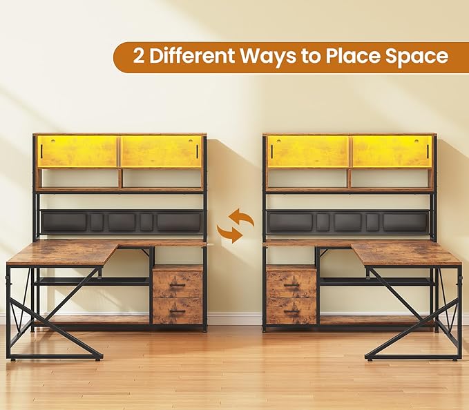 SEDETA L Shaped Computer Desk Home Office Desk with 2 Drawer and Bookshelf L Shaped Gaming Desk with LED Light Glass Cabinet and Storage Bag Corner Desk with Storage Shelves Rustic Brown