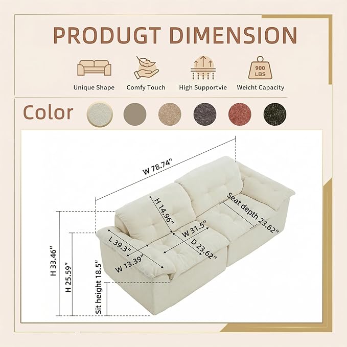 157 Cloud Sectional Couch Deep Seat Boneless Sofa for Living Room with U-Shaped Chaise Comfy Chenille Modular Sofa No Assembly Required (Beige 79” Loveseat)