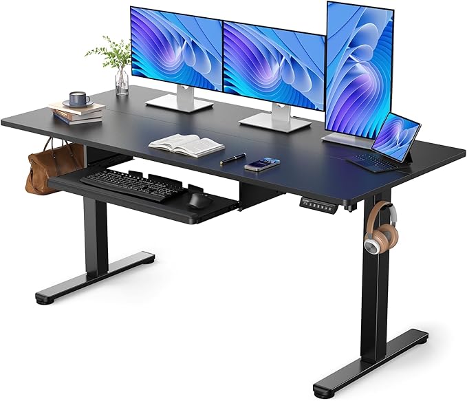 ErGear Large Electric Standing Desk with Keyboard Tray 63x28 Inches Adjustable Height Sit Stand Up Desk Home Office Desk Computer Workstation Black