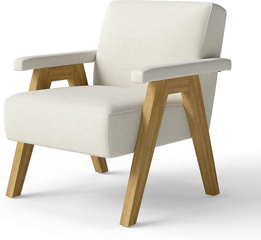 Mid-Century Accent Chair Linen Fabric Upholstered Lounge Armchair with Solid Wood Frame Modern Reading Chair for Living Room Bedroom Apartment – Ivory White