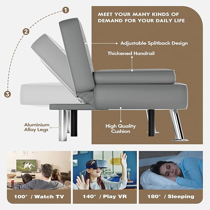 Homall Futon Sofa Bed Leather Futon Couch with Removable Armrests Adjustable Recliner Sleeper Sofa Bed with Dual Cup Holders for Living Room Apartment Office (Gray)