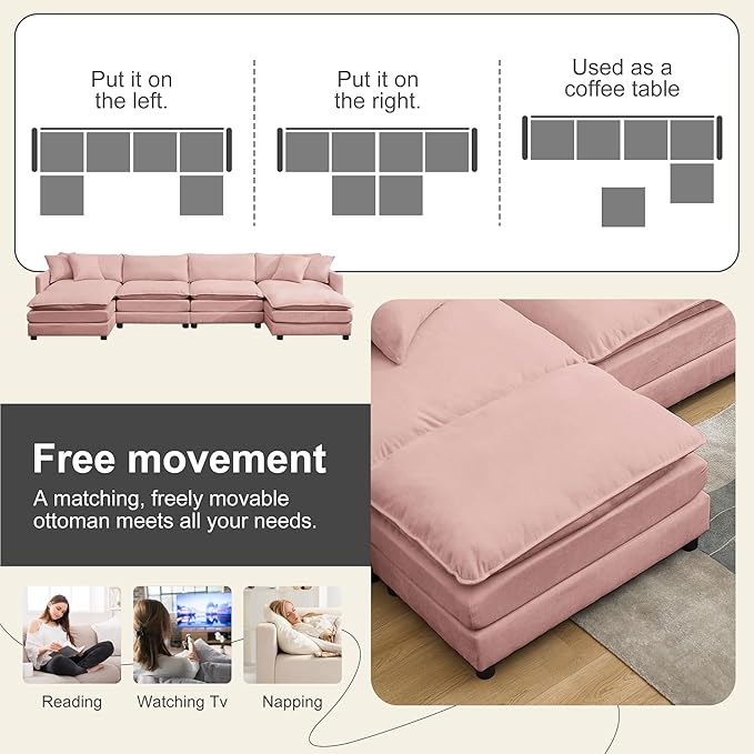 Oversized Modular Sectional SofaSofa Couch with Movable Ottoman Deep SeatSoft Chenille Corduroy Cloud Couches for Living Room ApartmentOffice (Pink 4+2 U)