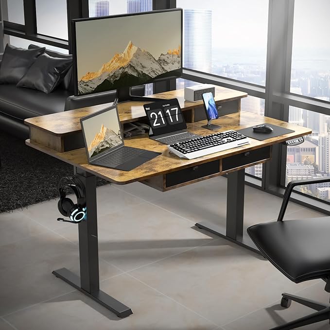 48 * 30 Inches Electric Standing Widened Desk Adjustable Height with 4 Drawers Double Storage Shelves Stand Up Desk Home Office Workstation Sit Stand up Desk (Rustic Brown)