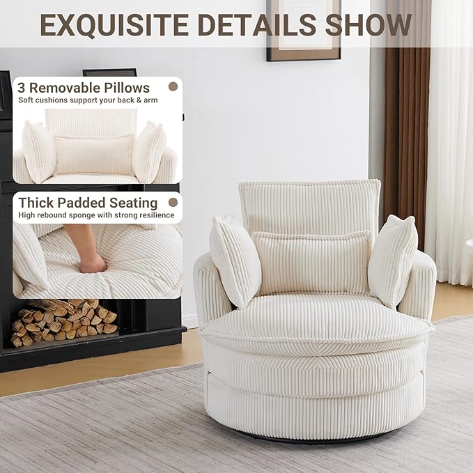 Karl home Swivel Barrel Chair-Corduroy360 Degree Modern Lounge Armchair ChairComfy Round Accent Single Sofa Chair with 3 Pillows for Living RoomBedroomLoungeHotelBeige