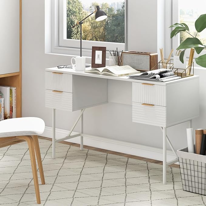 Giantex Modern Desk with 4 Drawers 48 Inch Computer Desk with Storage Heavy-Duty Gold Metal Frame Makeup Vanity Dressing Table White and Gold Desk for Bedroom Study Home Office