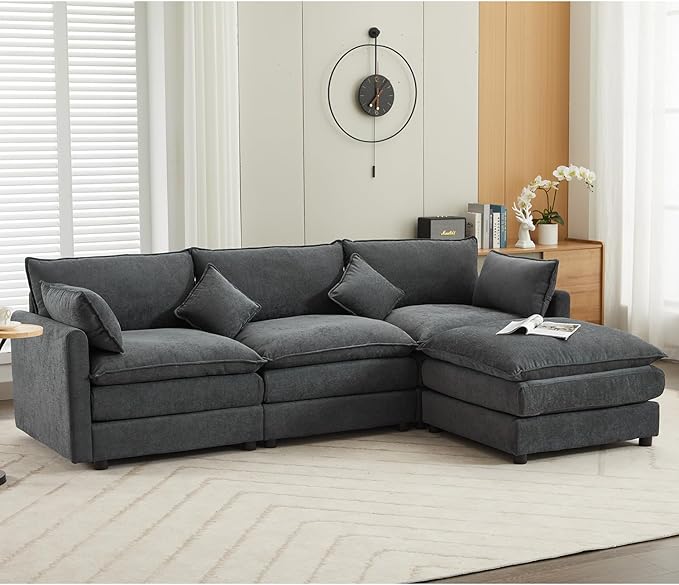kevinplus 101'' Modular Sectional Sofa Couch L-Shaped with Convertible Ottoman for Living Room Modern Contemporary 3-Seat Fabric Sofa Couch Thick Cushion Dark Gray