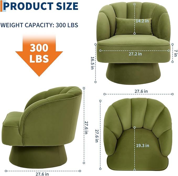 Mid Century Modern Swivel Barrel Chair - 360 Degree Swivel Accent Chair with Plush Velvet Upholstery &amp Wide Cushioned Seat Round Lounge Sofa Chair for Living Room Bedroom Office (Green 1 PCS)