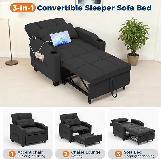 Sleeper Chair Pull Out Bed 4 in 1 Convertible Sofa Chair Bed with Vibration Massage Lumbar Pillow Single Sofa Recliner with USB/Type-C Port Cup Holders and Side Pocket for Small Spaces (Black)