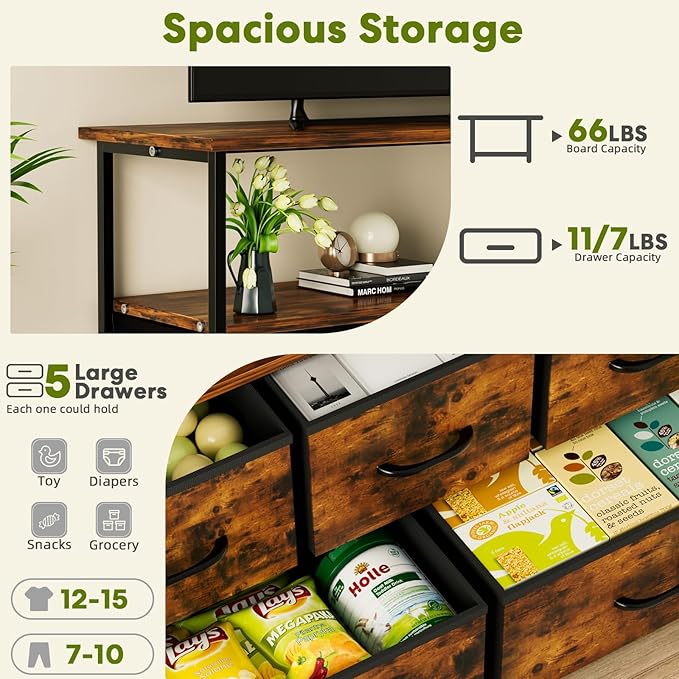 Simple Deluxe TV Stand Dresser for Bedroom Entertainment Center with 5 Fabric Drawers Storage Organizers Units for Living Room Media Console Table with Open Shelf up for 45 TV Rust Wood top