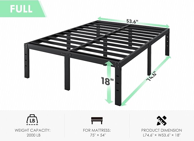 Full Size Bed Frame - 18 in Sturdy Platform Bed Frame Full Heavy Duty Metal Bed Frame No Box Spring Needed Quick &amp Easy Assembly No Noise Black