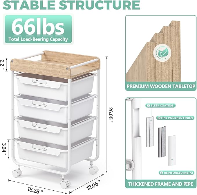 Rolling Storage Utility Cart with 4 DrawersKids Craft Art CartMakeup Organizer and Storage with Wooden TabletopWhite
