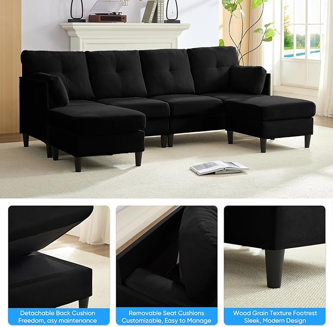 PUREMIND Sectional Couches for Living Room Modern Snow Velvet U-Shaped Sofa Couch with Double Chaise Upholstered 4 Seater Home Sofa for Living Room Apartment Office Black