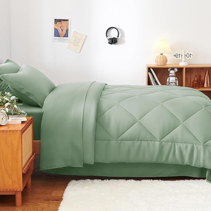 CozyLux Twin XL Comforter Set Sage Green - 5 Pieces Twin Extra Long Bed in a Bag for College Dorm All Season Bedding Set for Girls and Boys Soft Bed Set with Comforter Sheets Pillowcase &amp Sham
