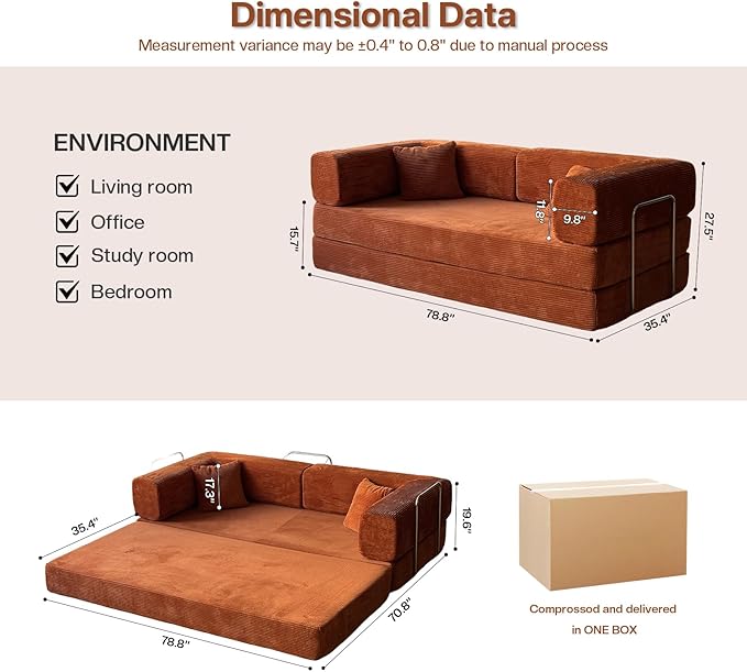 79 Inch Convertible Sofa Bed Couch in Box 5 in 1 Folding Modular Boneless Couch with Pull Out Bed 2 Pillows Soft Corduroy Floor Futon Lounge Loveseat Sleeper Lazy Cama No Assembly Orange