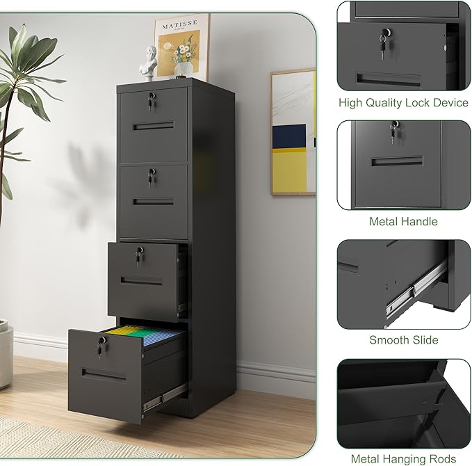 4 Drawer Metal Vertical File Cabinet with Locking Drawers for Home OfficeUnder Desk Storage Small Filing Cabinet OrganizerLetter/Legal/A4/F4 SizeAssemble RequiredBlack-4Drawer-C