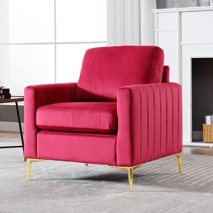 Rose Red Accent Chair Small for Bedroom Living Room Comfy Accent Chair Amchair Modern Single VelvetSofa Chair with Metal Legs