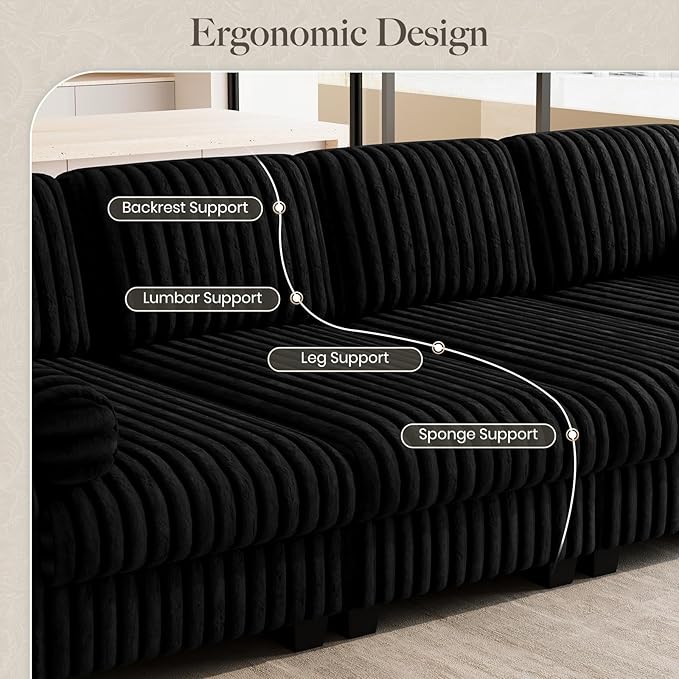 Belffin Plush Corduory Sectional Sleeper Sofa with Wide Deep Seat Modular Sectional Cloud Couches for Living Room. Black Couch