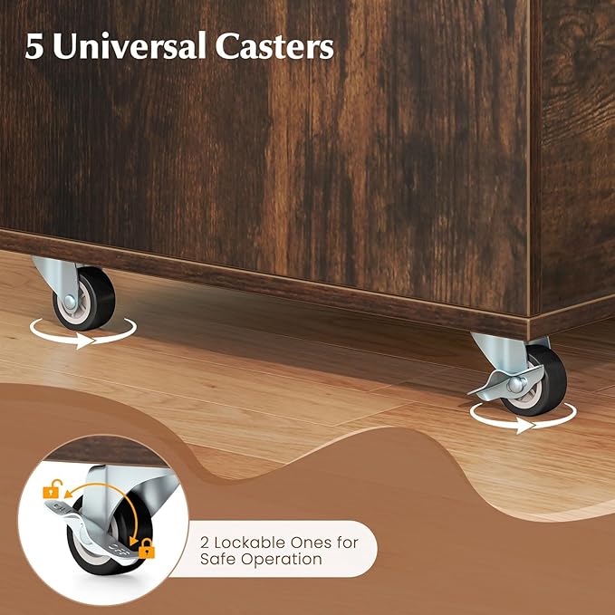 File Cabinet Rustic Filing Cabinet w/Universal Wheels Wood Printer Stand w/Storage Rolling File Cabinets for Home Office Living Dining Room (Rustic Brown 2 Large Drawers &amp 3 Small Drawers)