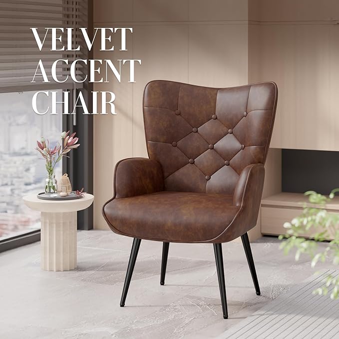 Nalupatio Mid Century Modern Accent Chair Set of 2 PU Leather Upholstered Tufted Button Chairs Living Room Reading Wingback Armchair Side Chair for Living Room Bedroom Brown