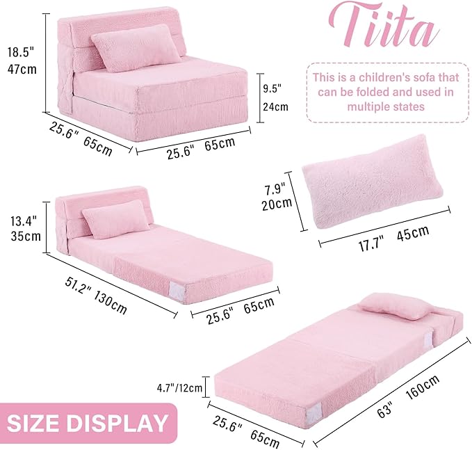 Tiita Convertible Folding Kids Sofa Bed with Pillow &amp Storage Bag Plush Fabric Floor Mattress Couch Bed Washable Cover Kids Room Playroom Dorm Apartment Pink