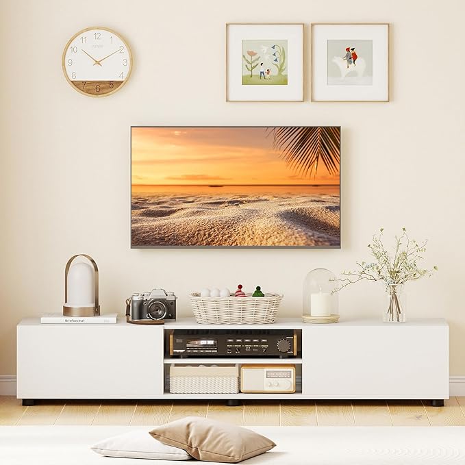 Tangkula Modern TV Stand for up to 70” TVs 63”L Minimalist Entertainment Center w/ 2 Doors &amp Open Shelves Media Console Table Storage Cabinet with 6 Support Feet for Living Room (White 63”L)