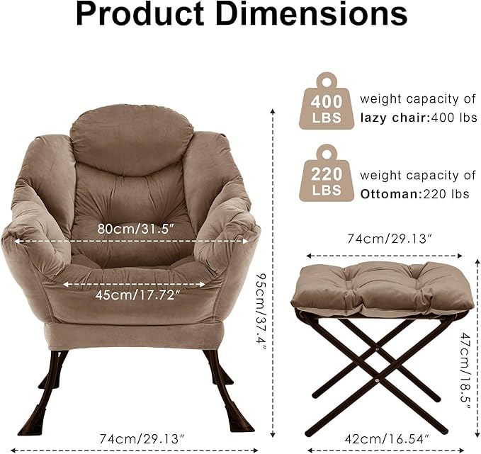Lazy Chair with OttomanOversized Accent Chair with Thick Cushion Side PocketModern Lounge Arm Reading Chair and Folding Footrest for Living RoomBedroomOfficeDormApartment Brown