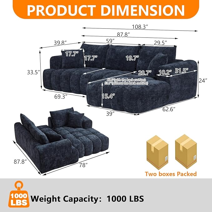 Luxury 108 Sofa with Oversized Chaise L-Shaped Chenille Modular Cloud Couch with Deep Seat &amp 2 Pillows Orange Boneless Couches for Living Room Apartments Homes (Blue Right Facing Chaise)