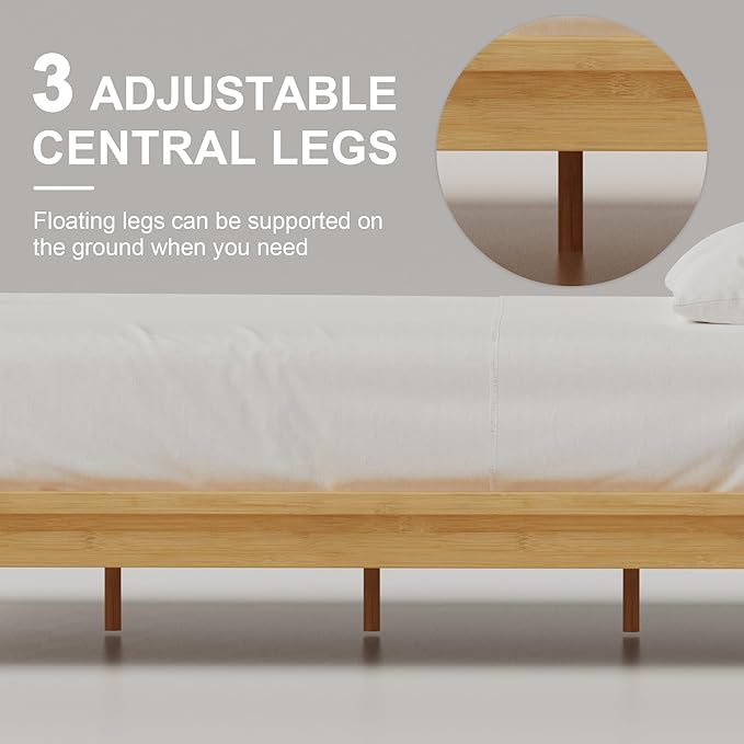 Dolonm Full Solid Wood Bamboo Bed Frame Mid-Century Modern Bed Frame Floating Center Support Legs Sturdy Solid Wood Slat Easy Tool Free Set Up（Full Natural）