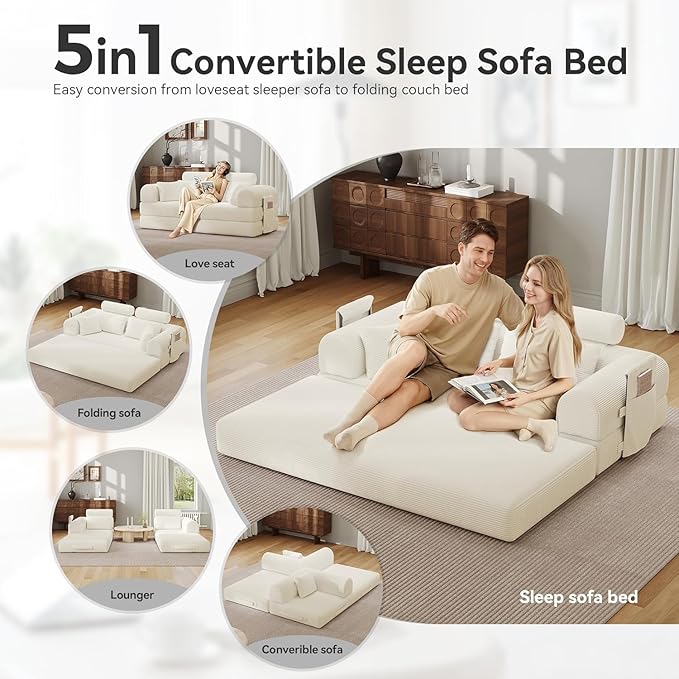79'' Upgrade High Backrest Sofa Bed with Fixed Frame Removable Armrests &amp Backrest Corduroy Fabric Convertible Couch for Small Spaces No Assembly Needed (High Backrest Beige White)
