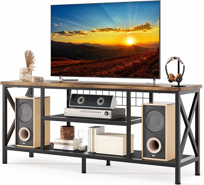 Gizoon 59.8 Industrial TV Stand for 55-65 Inch TVs Rustic Brown 3-Tier Media Entertainment Center with Open Shelves Metal Frame Sofa Table for Living Room Bedroom Office
