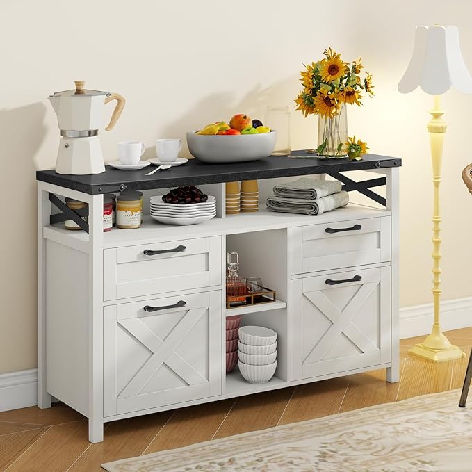 Lateral File Cabinets 4 Drawers with Open Storage Shelf Farmhouse Filing Cabinet with Adjustable Shelf for Home Office Filing Organization Storage Cabinets for Hanging Files Letter/A4. Black