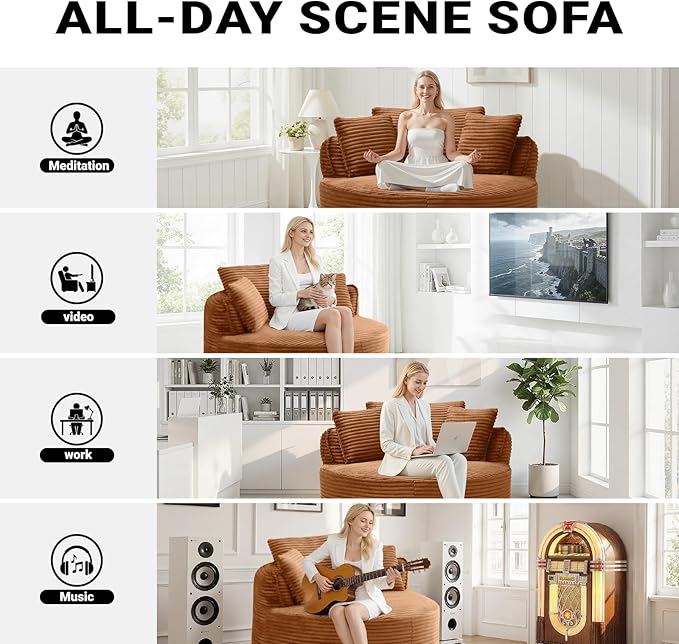 54-inch Oversized Round Chaise Longue Chair Indoor Modern Upholstered Corduroy Deep Seat Circle Cloud Chair Single Boneless Reading Chair for Living Room Bedroom Apartment Orange