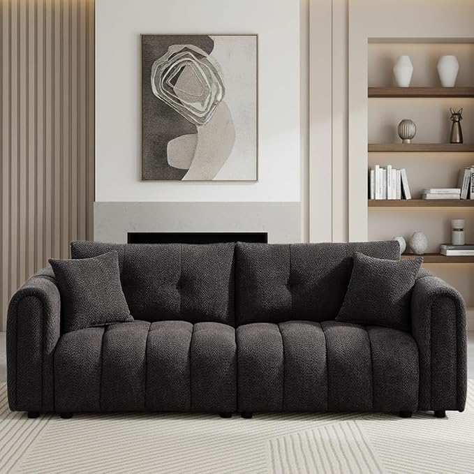 Mid Century Modern Boucle Sofas for Living Room 3 Seater Couch with Deep Seat Comfy Sherpa Cloud Couch Oversized Loveseat for Apartment Bedroom Home Office 91.5 Inch Dark Grey
