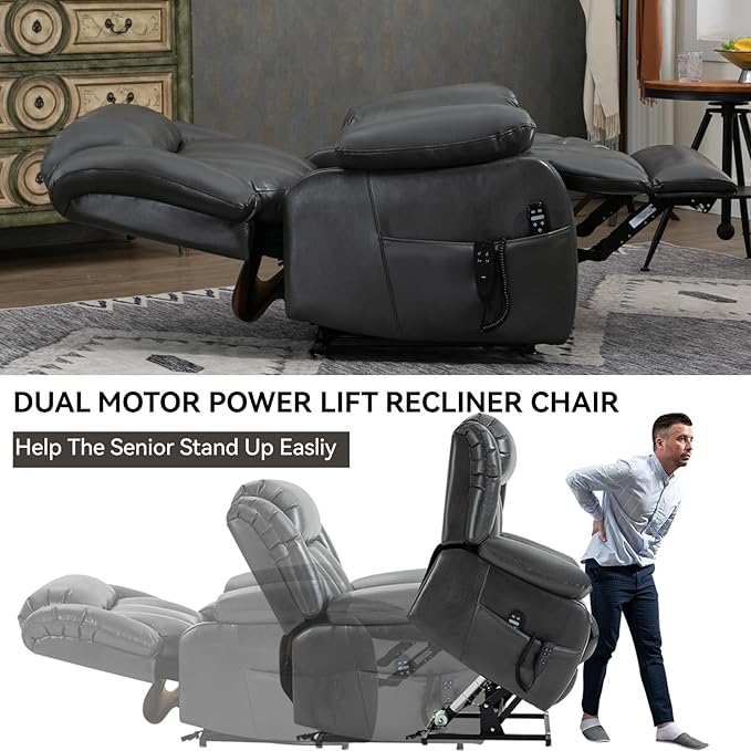 KEIKI Oversized Recliner Chair Electric Dual Motor Lift Leather Recliner for Elderly Synthetic Leather Upholstery with Infinite Position and Back Massager with Heat Rocking Lounge Chair Grey