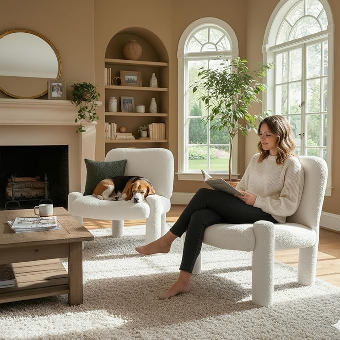 HNY Modern Accent Living Room Chair Beige Boucle Reading Chair Armless Lounge Chair Comfy Barrel Chair Sherpa Cloud Chair with Wood Frame for Living Room Small Spaces Bedroom Apartment