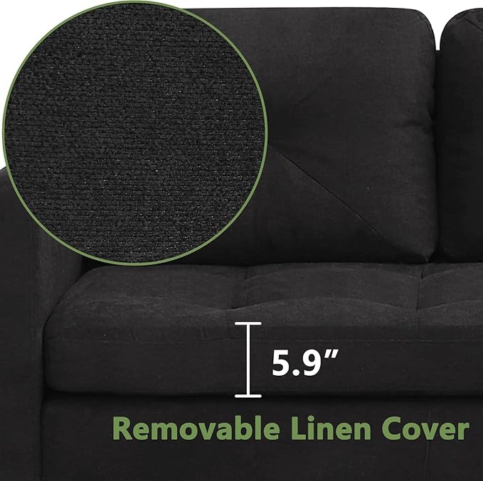 Convertible Sectional Sofa Couch for Living Room L-Shaped Couch 3 Seats Sofas Movable Ottoman Small Sofa Mid Century for Small Apartments Space Living Room and Office (Linen Fabric Black)