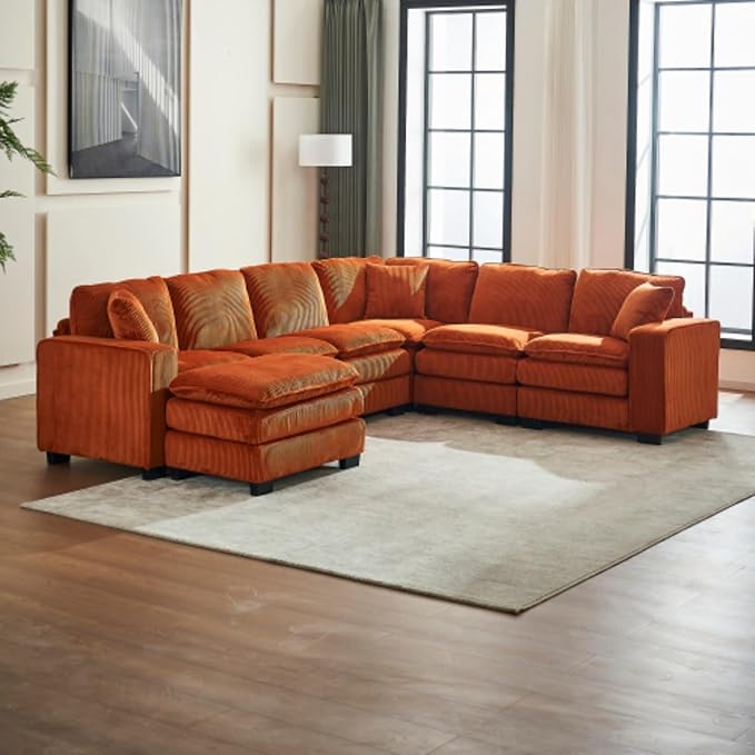 Modern U Shaped 6-seat Sectional Sofa Couch with one Ottoman and Three toss PillowsModular Sofa for Living RoomCorduroy (OrangeCorduroy-7 Seat)