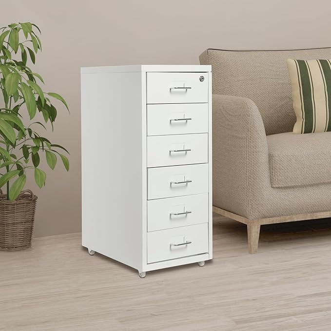 6-Drawer Vertical File Cabinet with Lock Mobile Metal Filing Cabinet for Legal/Letter/A4 Files Cold-Rolled Steel Rolling Storage 17.64-22.05 lbs(White)