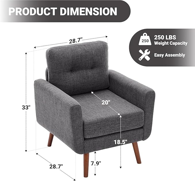 Tbfit Accent Chair Reading Chair for Living Room &amp Bedroom Mid Century Modern Arm Chair Button Tufted Upholstered Accent Chairs Sofa with Solid Wood Frame Grey | linen fabric button tufted s