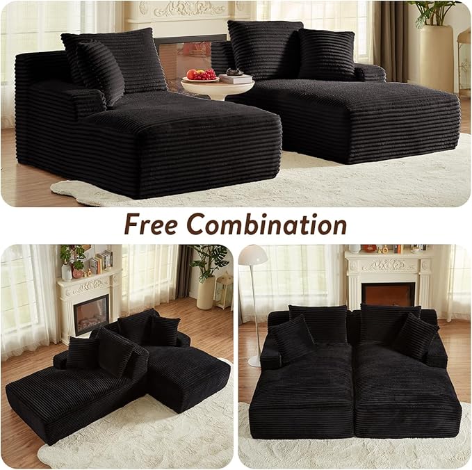 Oversized Double Chaise Lounge Chair IndoorWide Corduroy Boneless Chaise Lounges Sofa Comfy Upholstered Sectional Cloud Couch No Assembly Required Loveseat Sleeper Chair Bed for Living Room(Black)