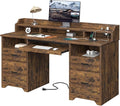 Bestier Farmhouse 59 Executive Desk with Drawers Wood Computer Desk with Charging Station Home Office Desk with Keyboard Tray &amp Monitor Stand Sturdy Pedestal Desk for Work Study Rustic Brown